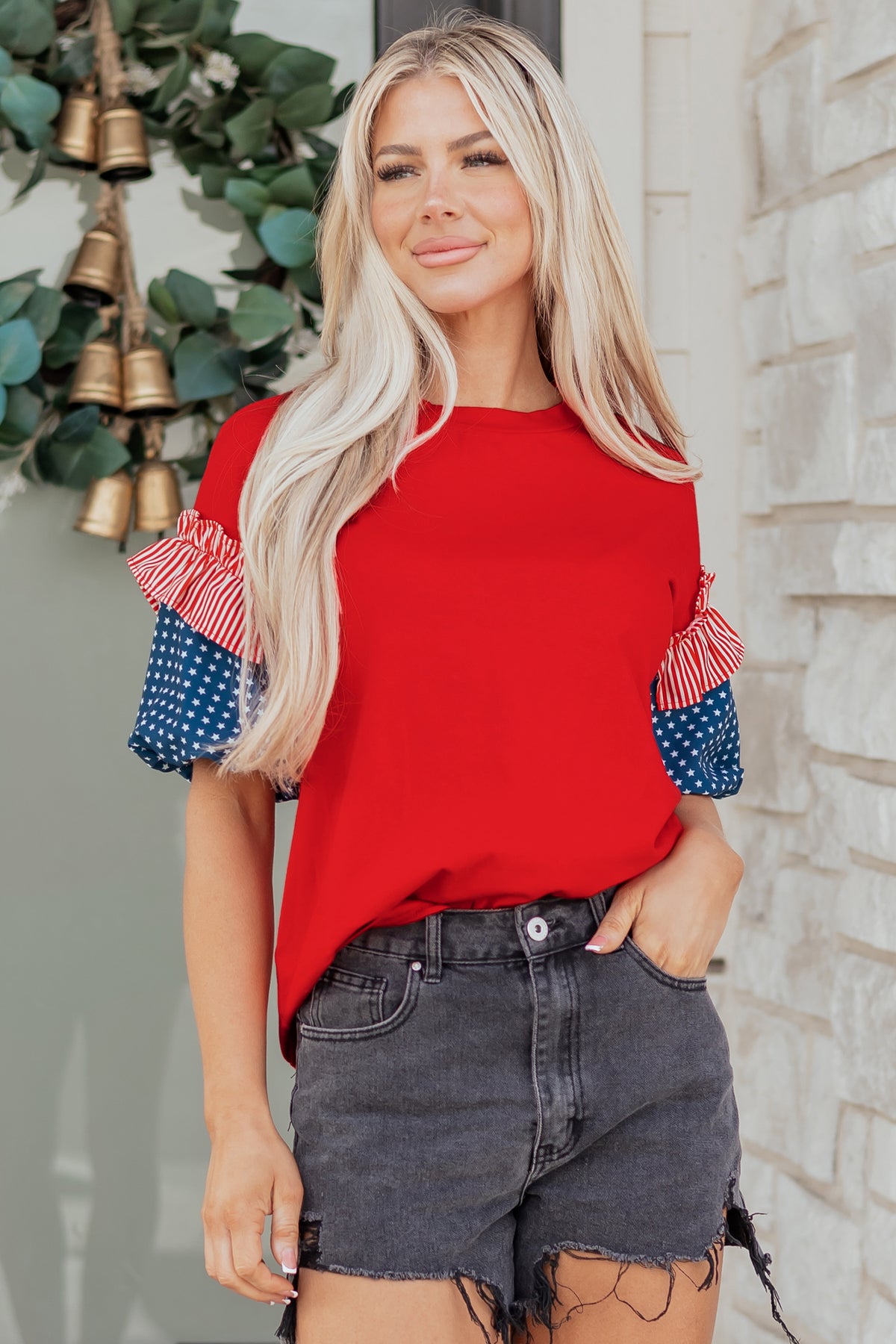 Cotton Red Patriotic Stars and Stripes Puff Sleeve Top