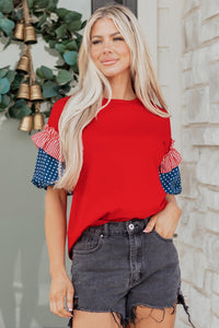 Cotton Red Patriotic Stars and Stripes Puff Sleeve Top