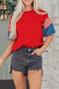 Cotton Red Patriotic Stars and Stripes Puff Sleeve Top