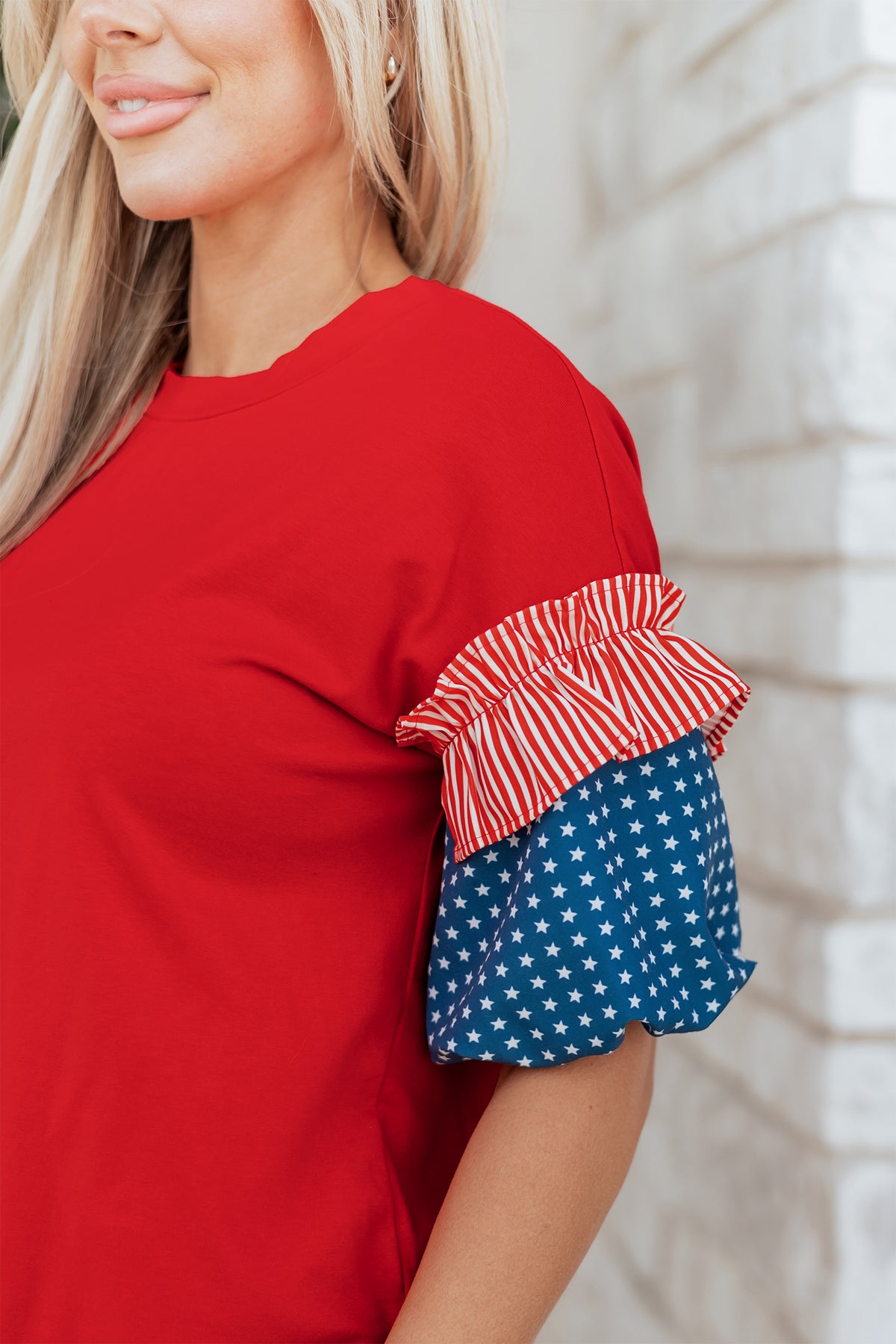 Cotton Red Patriotic Stars and Stripes Puff Sleeve Top