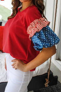 Cotton Red Patriotic Stars and Stripes Puff Sleeve Top