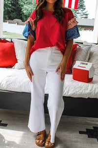Cotton Red Patriotic Stars and Stripes Puff Sleeve Top