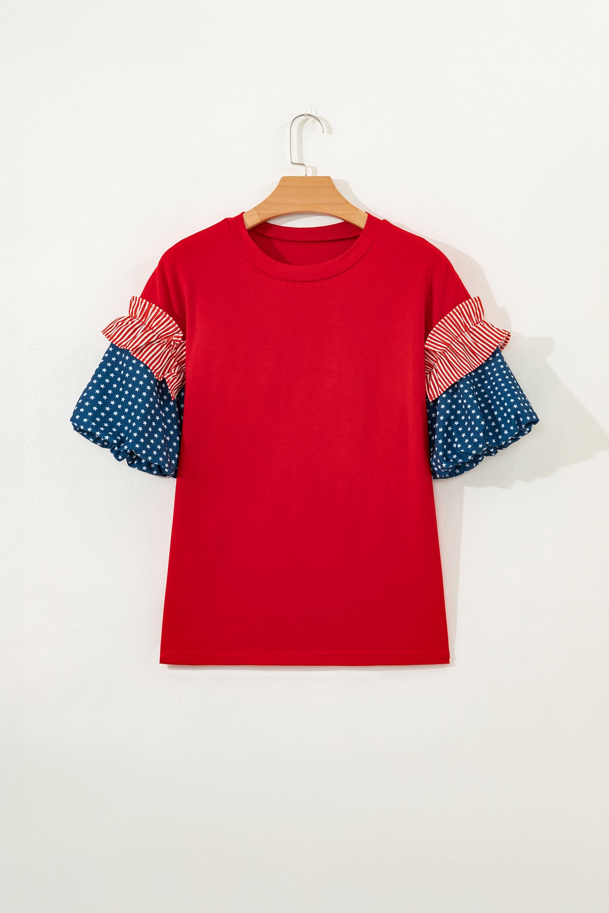 Cotton Red Patriotic Stars and Stripes Puff Sleeve Top
