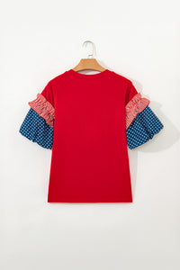 Cotton Red Patriotic Stars and Stripes Puff Sleeve Top