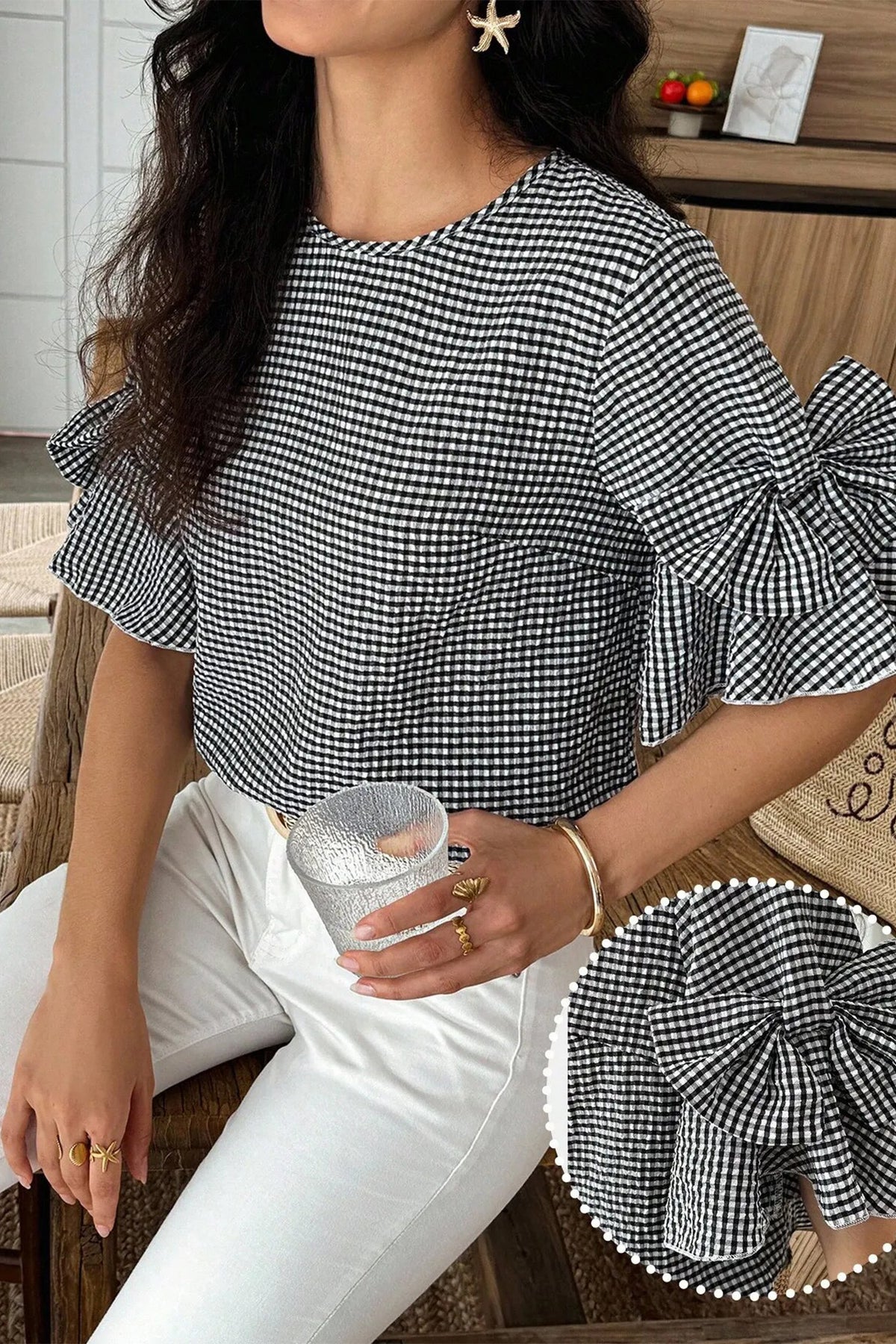 Black Checkered Bell, Bow-Sleeve Top