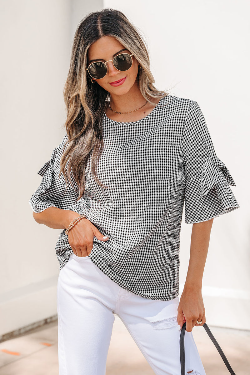 Black Checkered Bell, Bow-Sleeve Top
