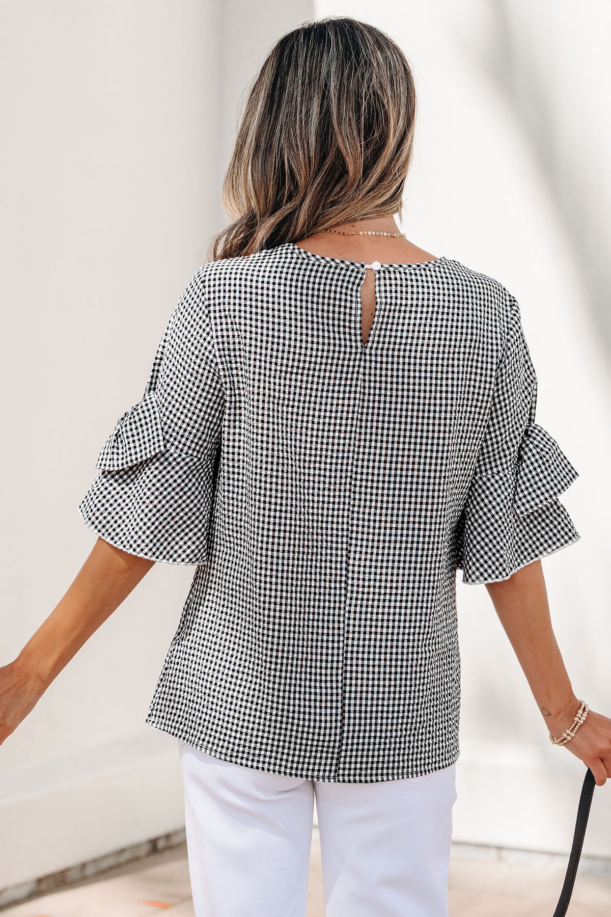 Black Checkered Bell, Bow-Sleeve Top