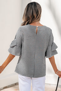 Black Checkered Bell, Bow-Sleeve Top