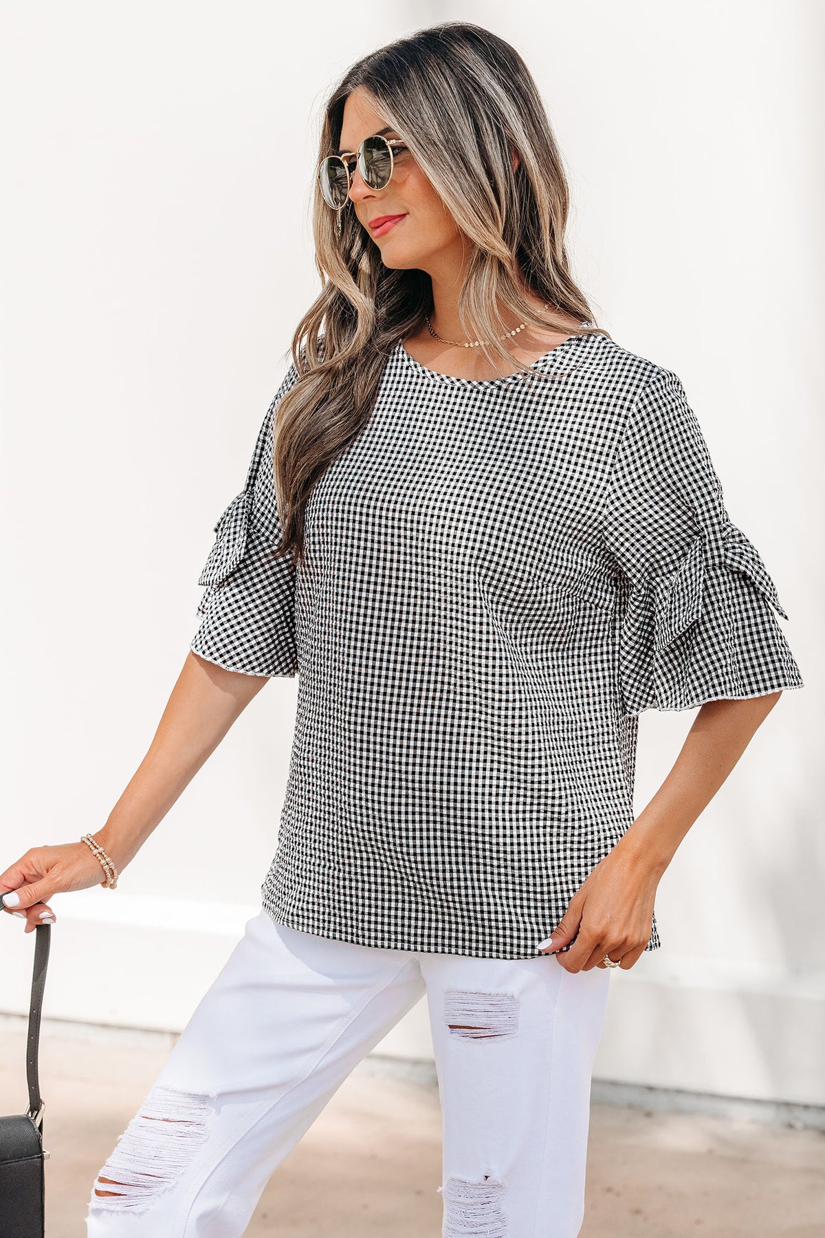 Black Checkered Bell, Bow-Sleeve Top