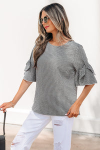 Black Checkered Bell, Bow-Sleeve Top