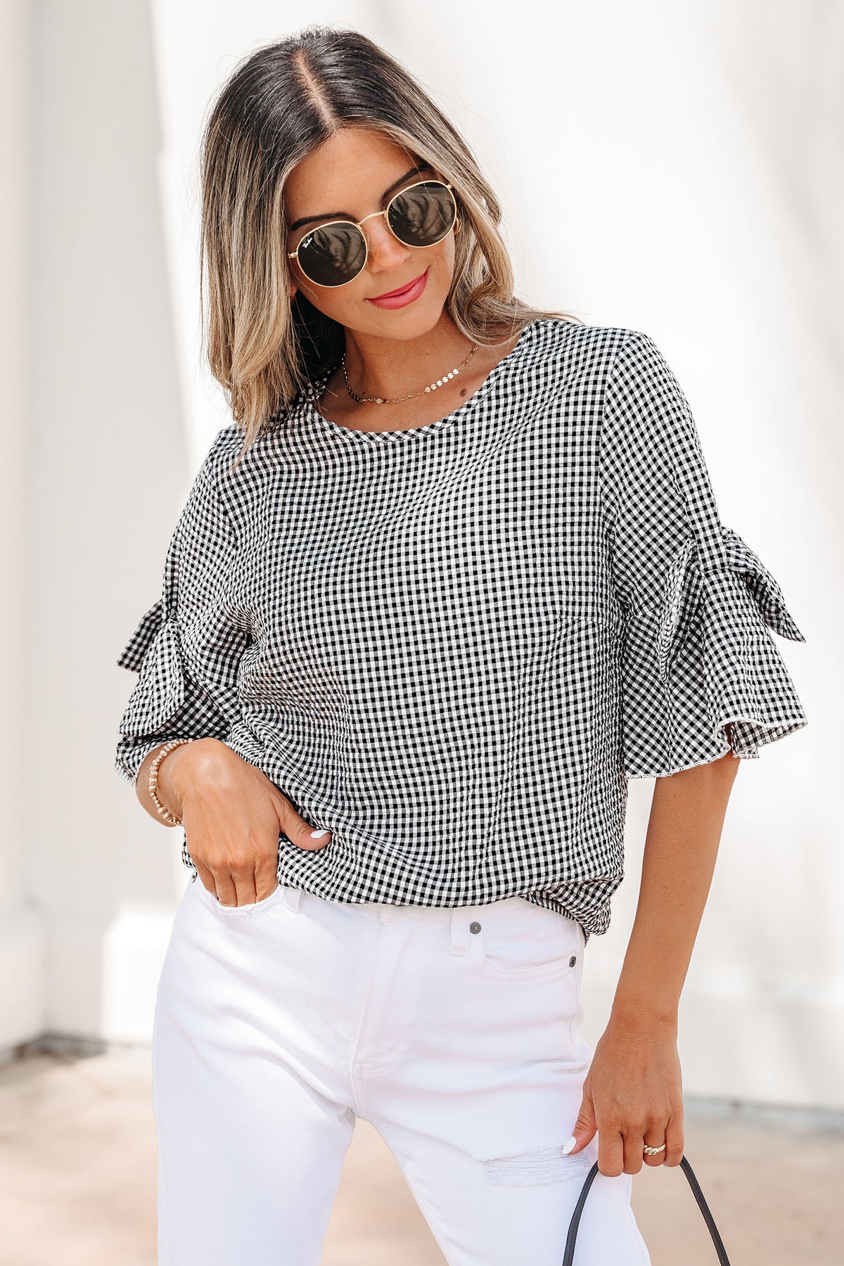 Black Checkered Bell, Bow-Sleeve Top