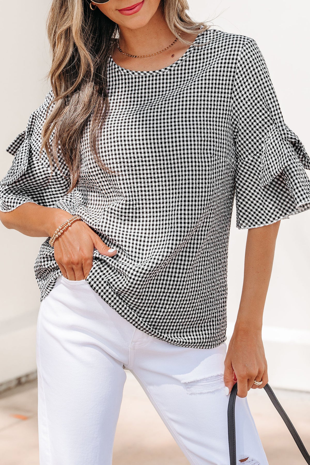 Black Checkered Bell, Bow-Sleeve Top