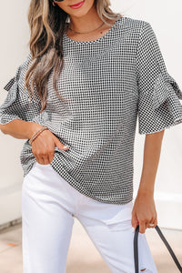 Black Checkered Bell, Bow-Sleeve Top