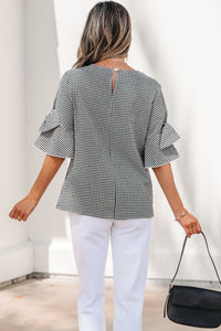 Black Checkered Bell, Bow-Sleeve Top
