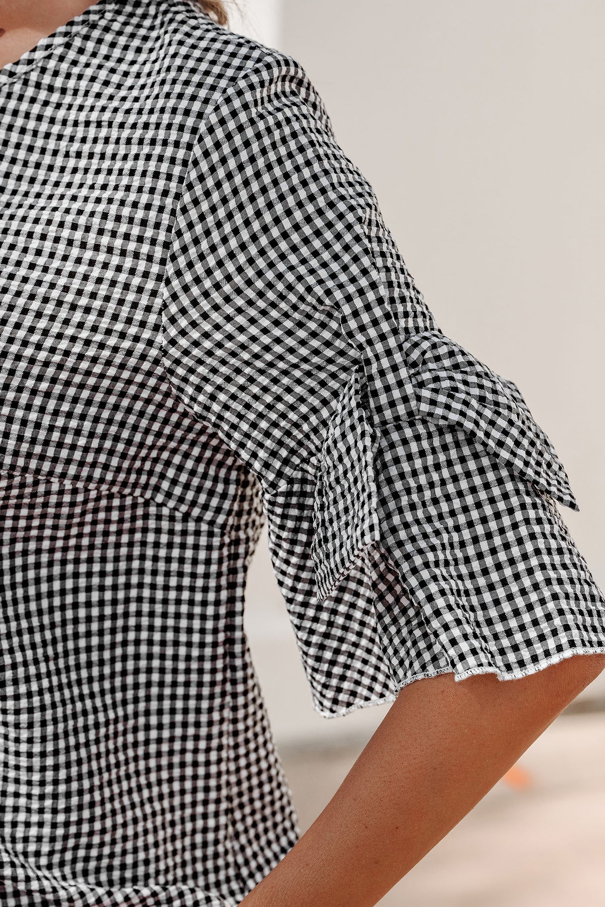 Black Checkered Bell, Bow-Sleeve Top