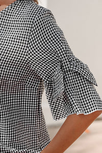 Black Checkered Bell, Bow-Sleeve Top