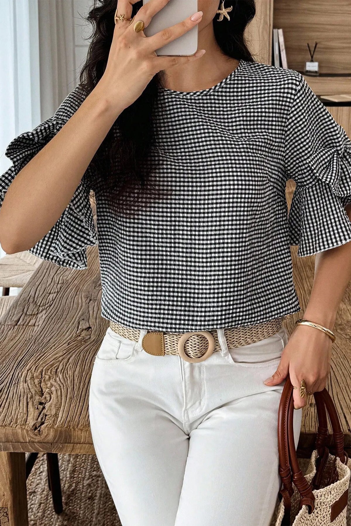 Black Checkered Bell, Bow-Sleeve Top