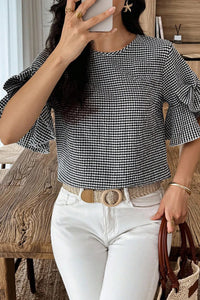 Black Checkered Bell, Bow-Sleeve Top