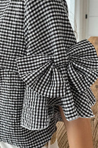 Black Checkered Bell, Bow-Sleeve Top