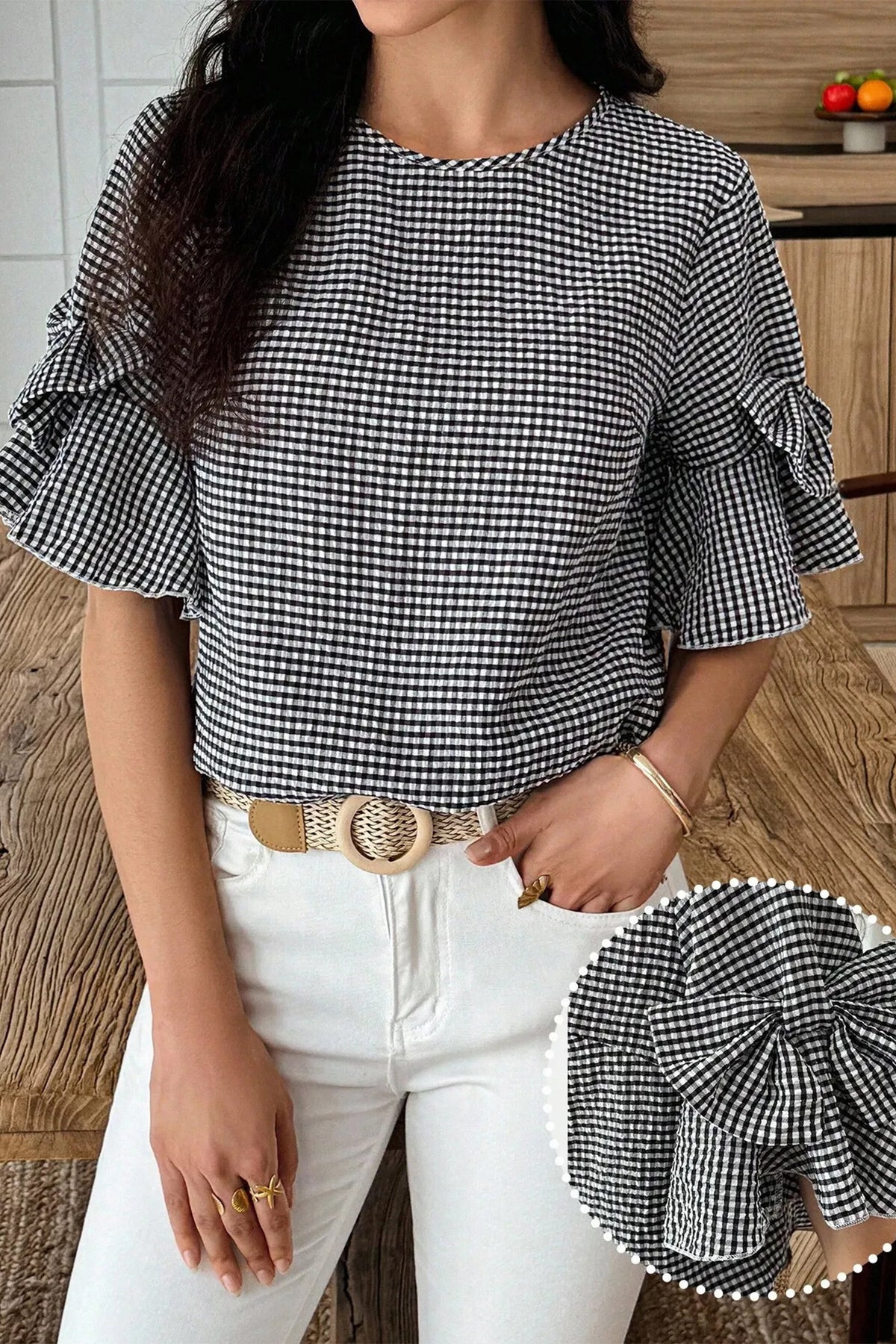 Black Checkered Bell, Bow-Sleeve Top