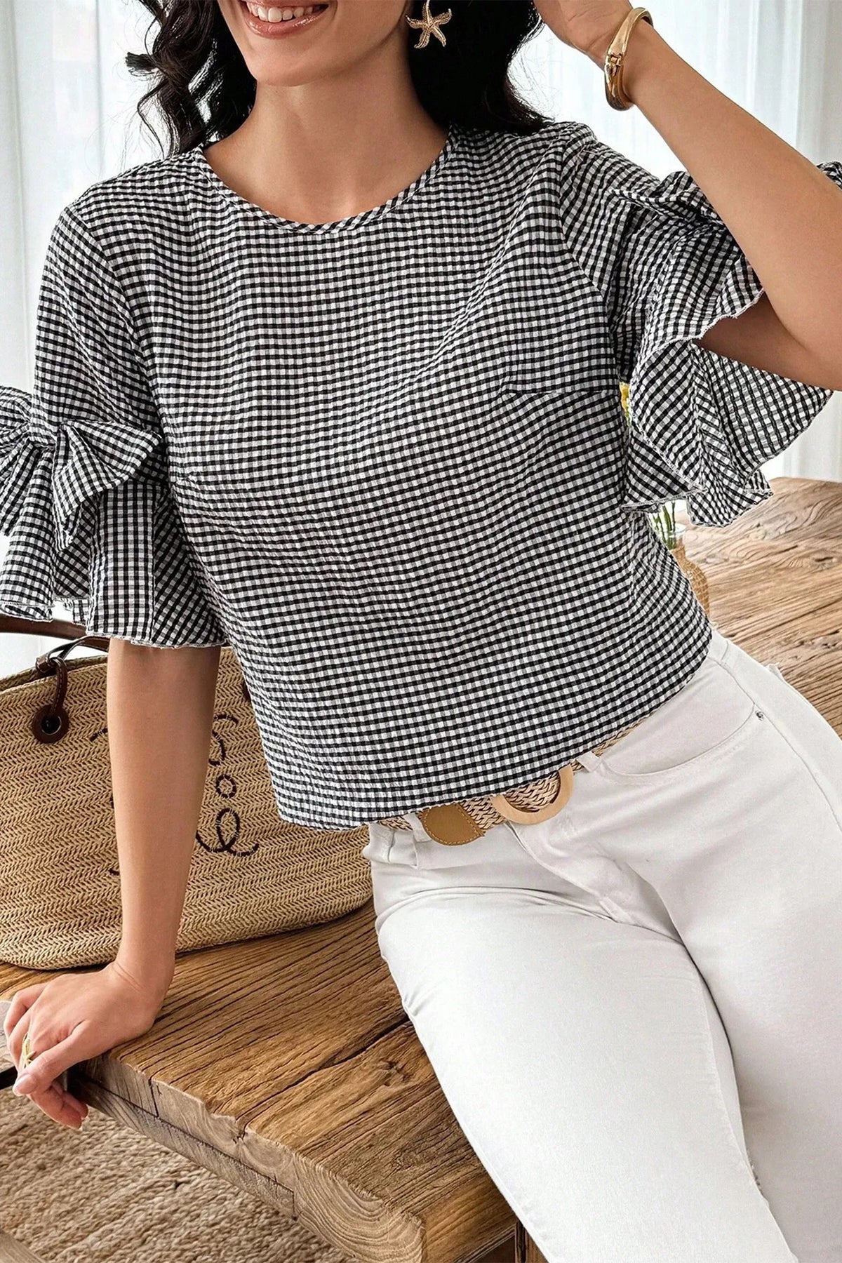 Black Checkered Bell, Bow-Sleeve Top