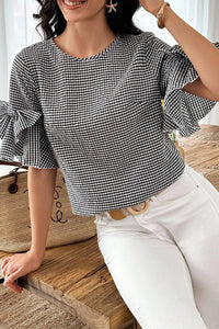 Black Checkered Bell, Bow-Sleeve Top