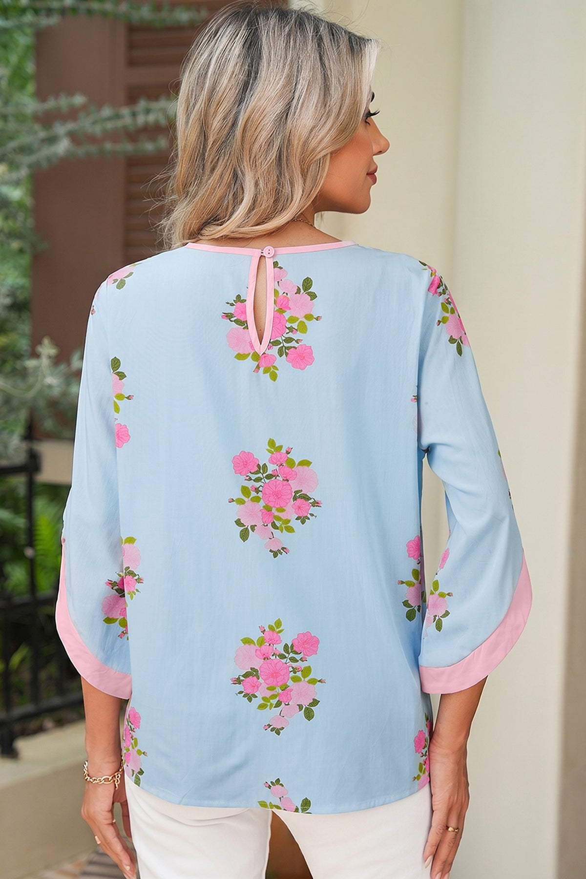 Floral Blue with Pink Trim Cuffed 3/4 Sleeve Top