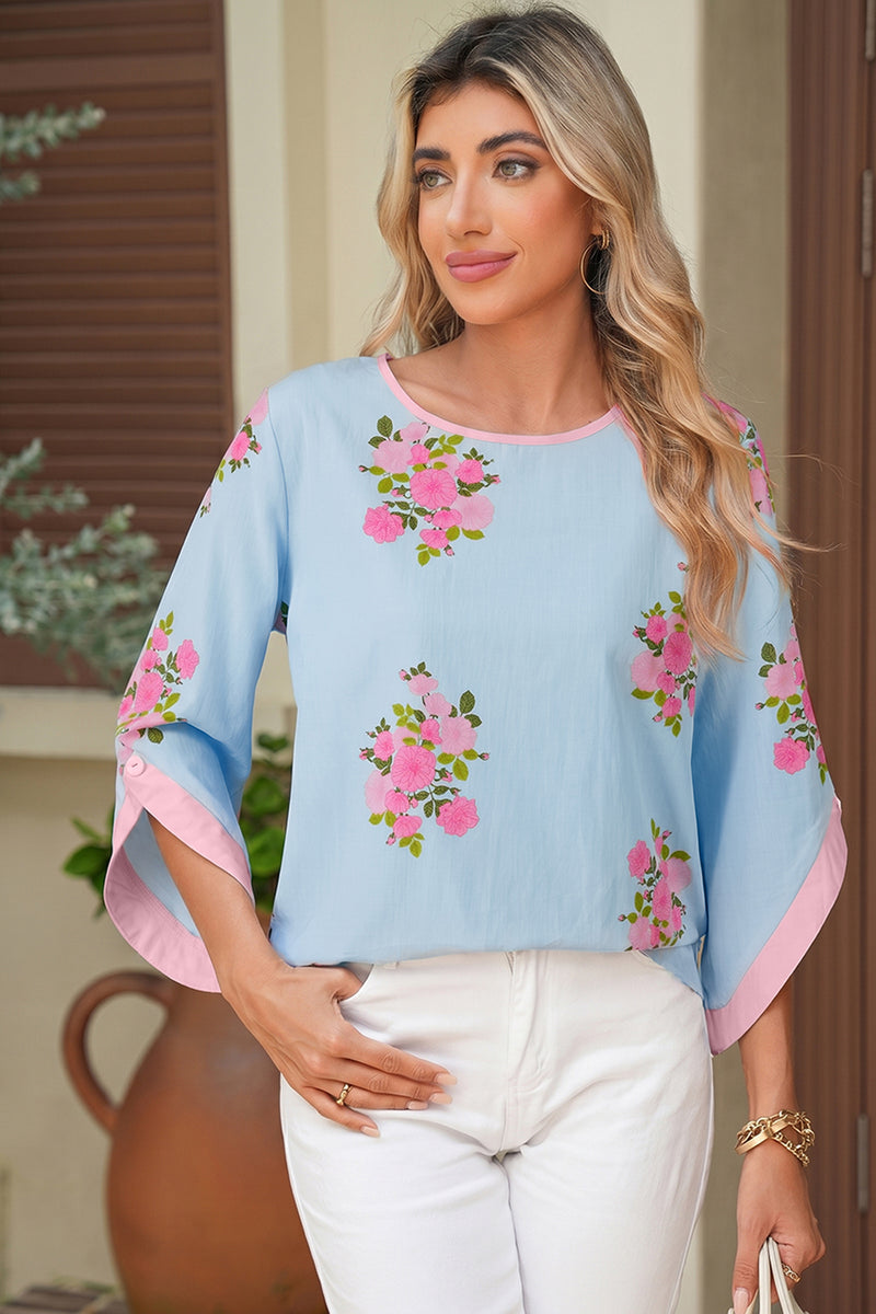 Floral Blue with Pink Trim Cuffed 3/4 Sleeve Top
