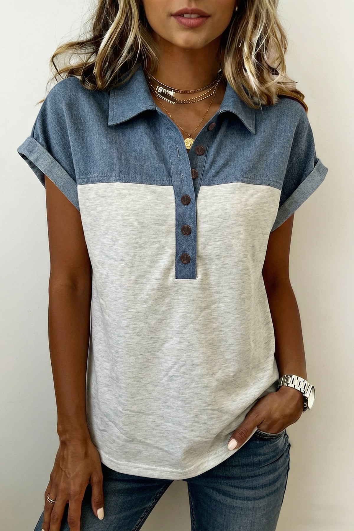 Light Grey & Soft Denim Button Short Sleeve Polo