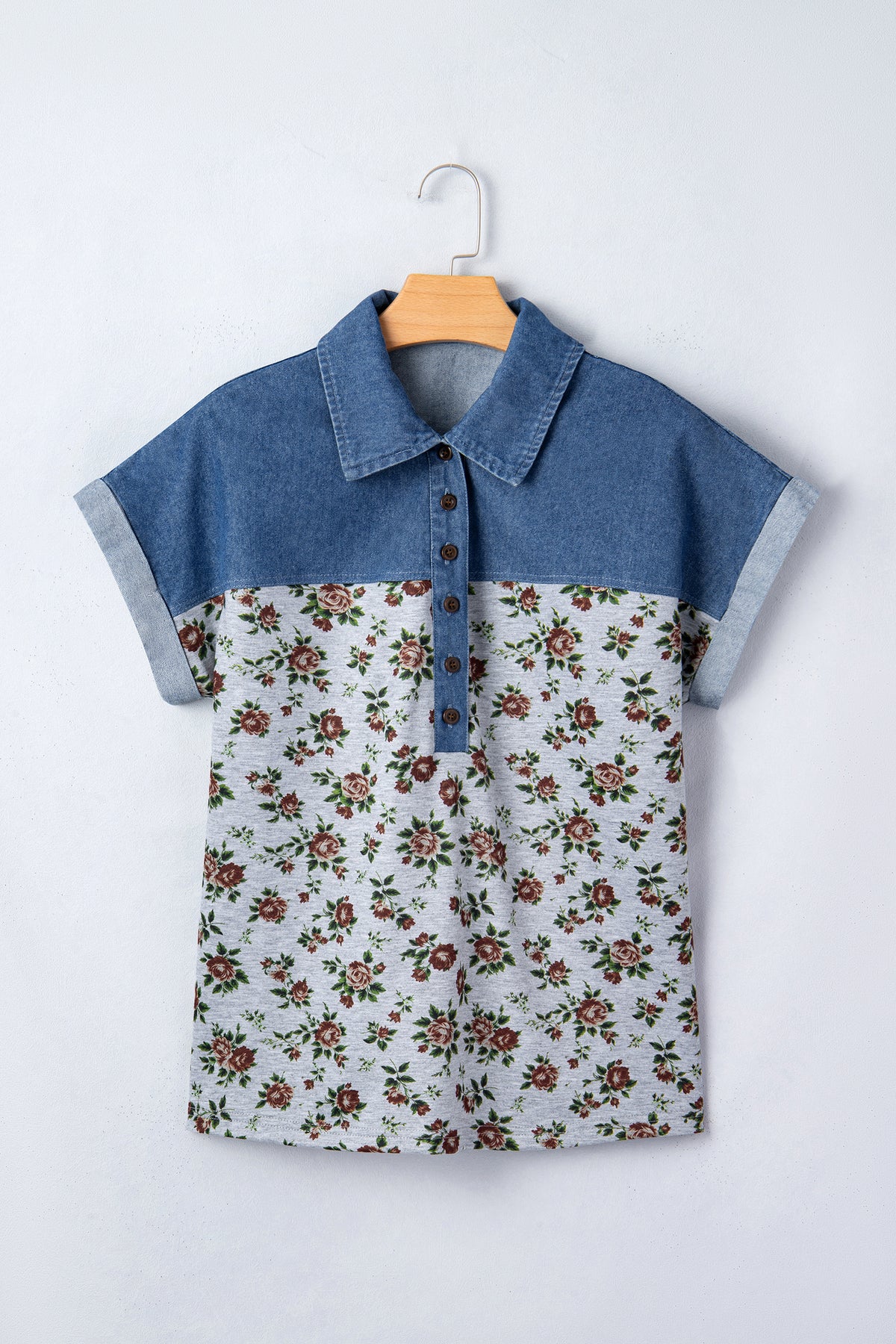 Floral & Soft Denim Button Short Sleeve Polo