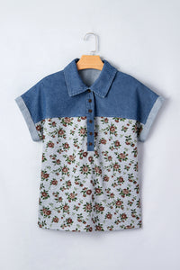 Floral & Soft Denim Button Short Sleeve Polo