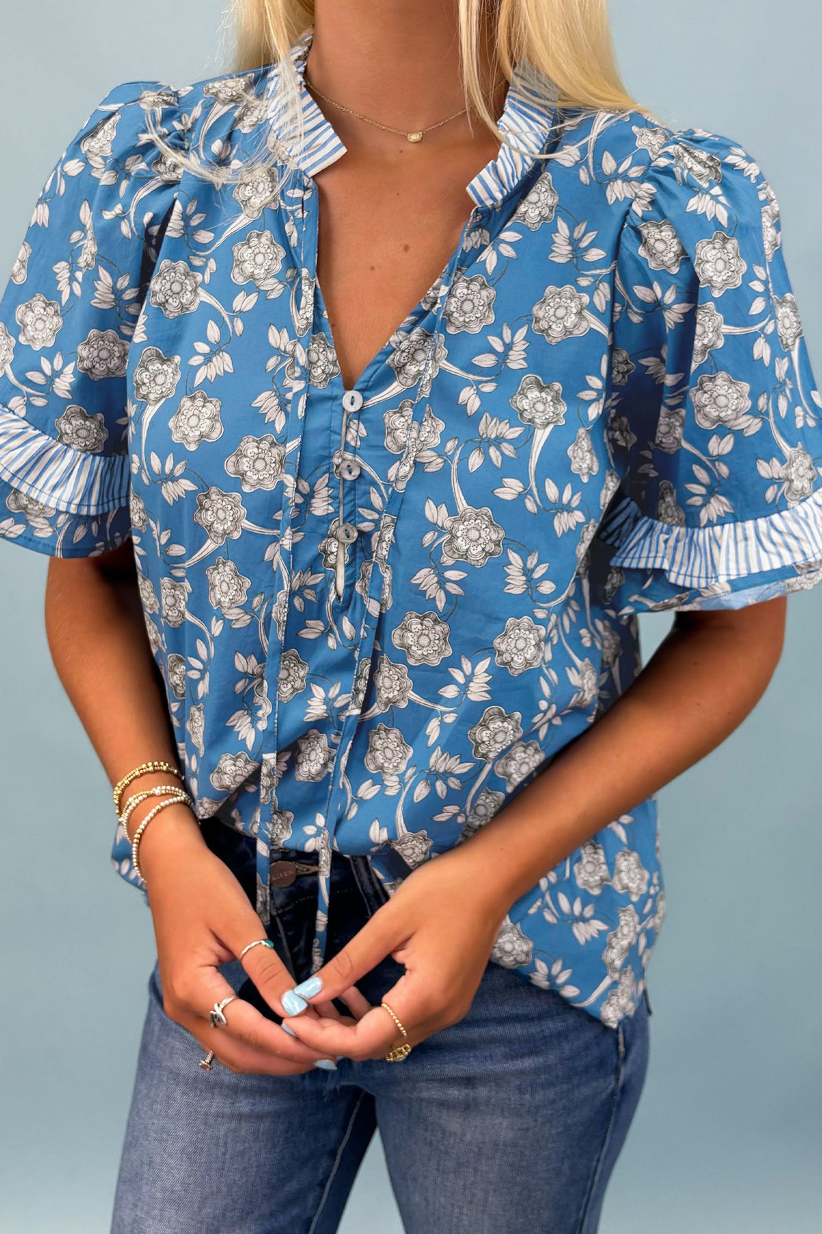 Blue Floral Top with Tie Neck & Puff Sleeves