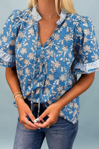 Blue Floral Top with Tie Neck & Puff Sleeves