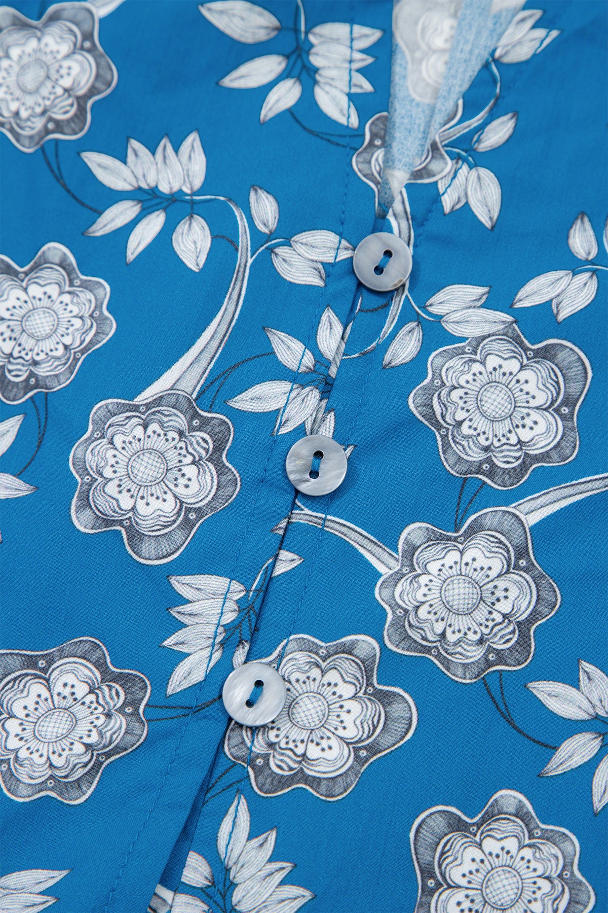 Blue Floral Top with Tie Neck & Puff Sleeves