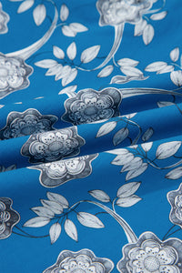 Blue Floral Top with Tie Neck & Puff Sleeves