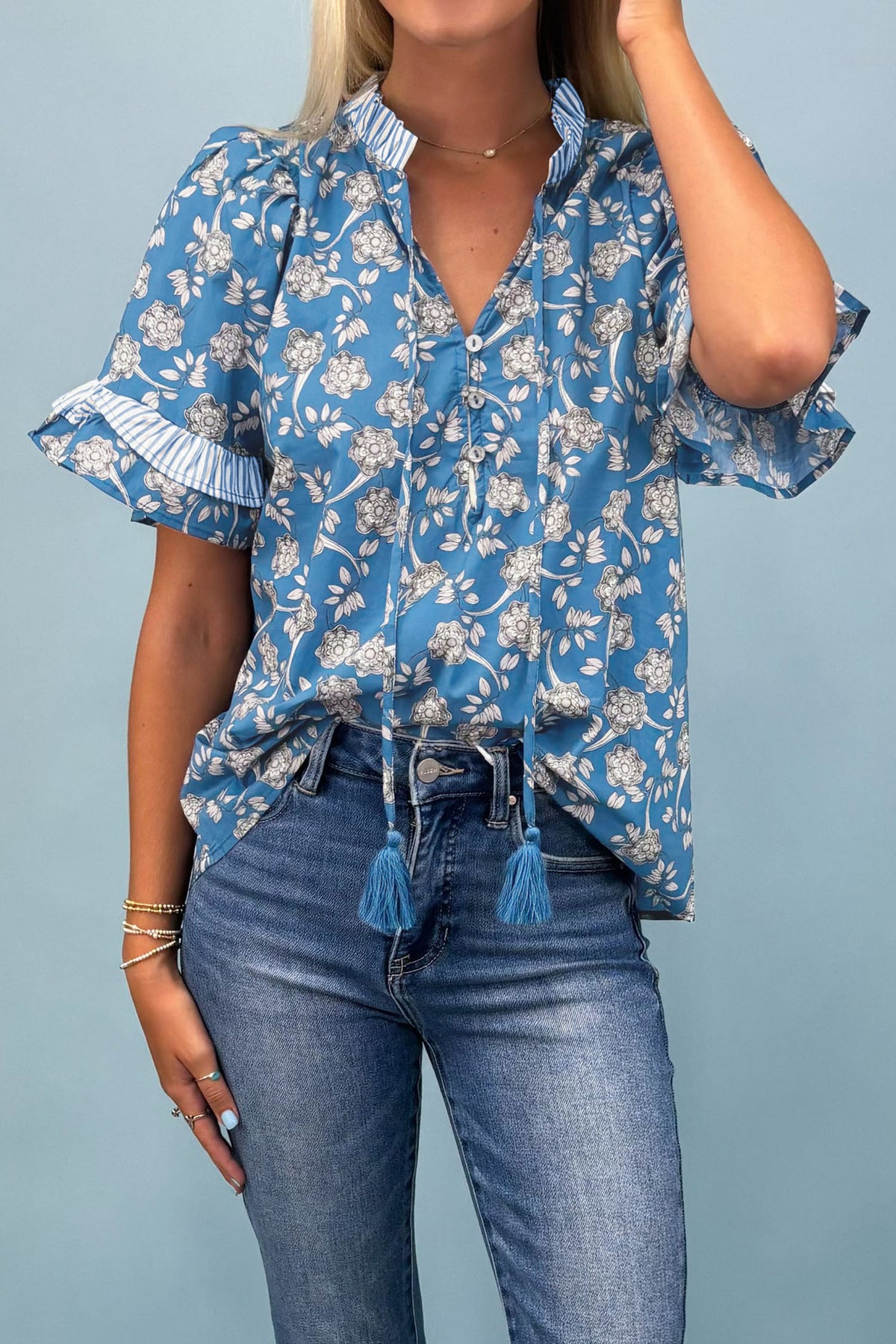 Blue Floral Top with Tie Neck & Puff Sleeves