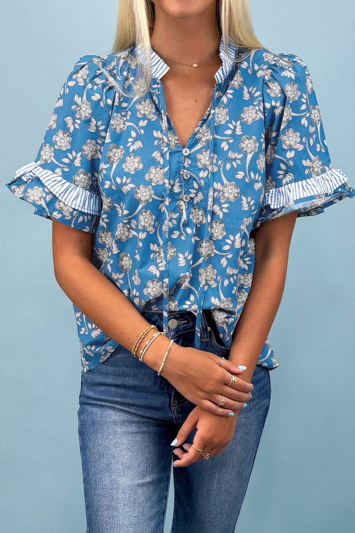 Blue Floral Top with Tie Neck & Puff Sleeves