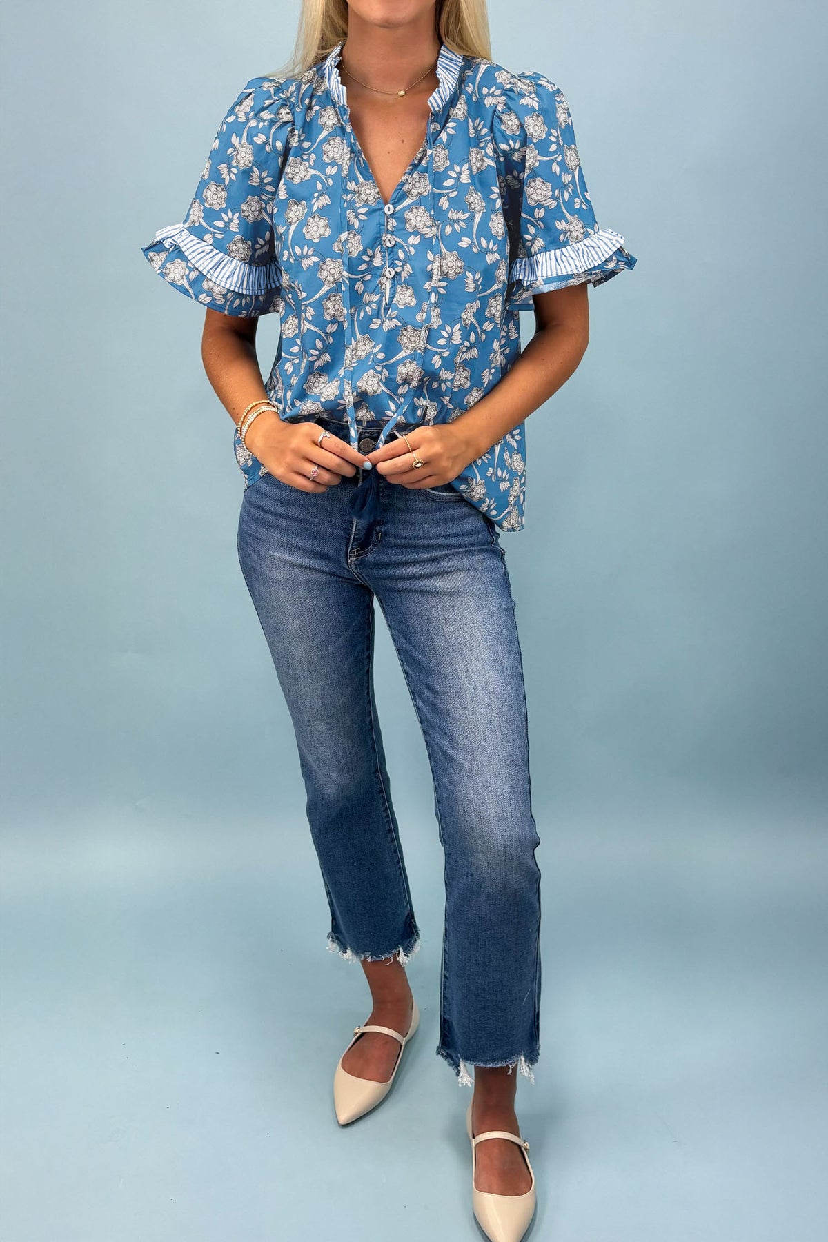 Blue Floral Top with Tie Neck & Puff Sleeves