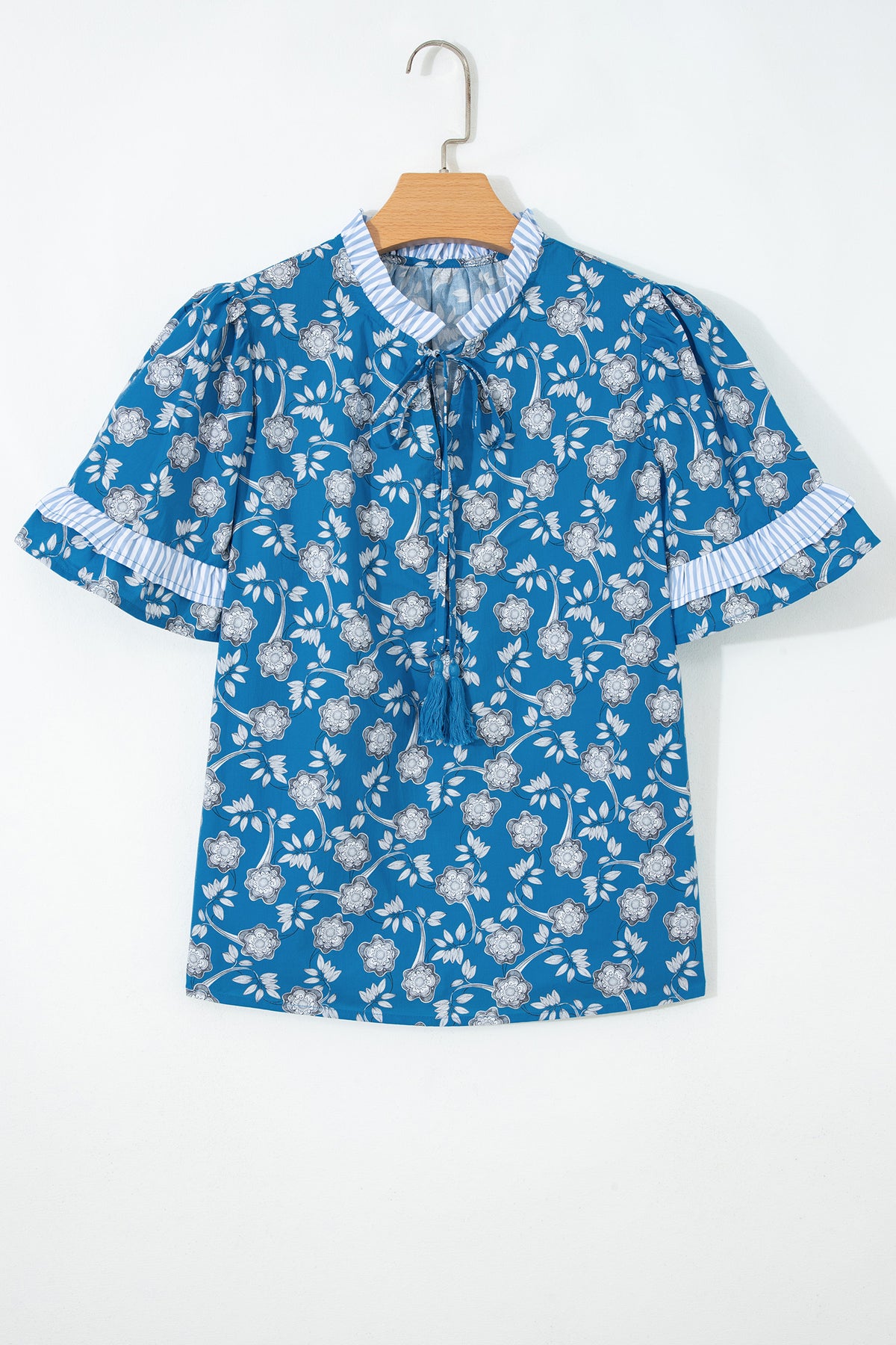 Blue Floral Top with Tie Neck & Puff Sleeves