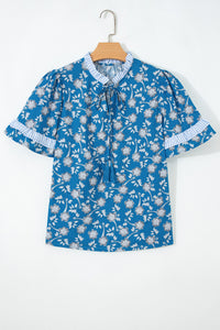 Blue Floral Top with Tie Neck & Puff Sleeves