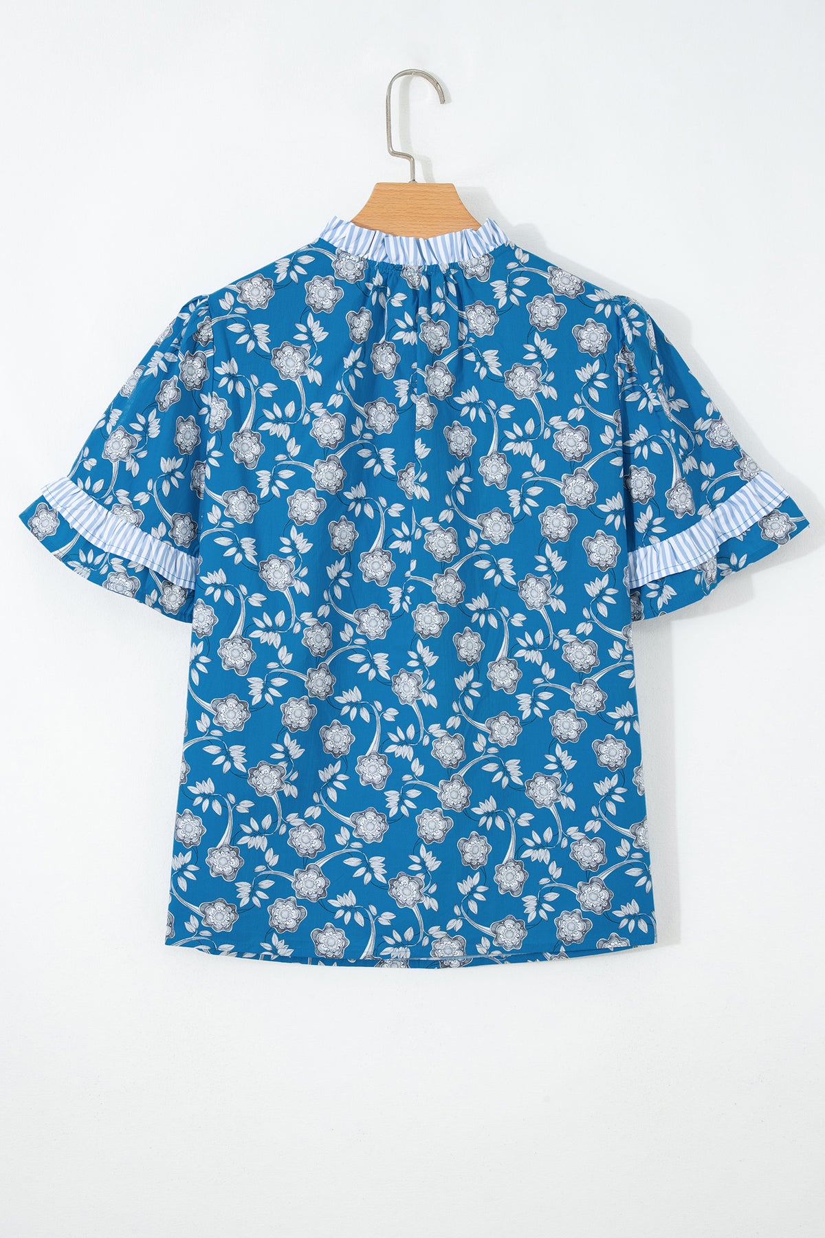 Blue Floral Top with Tie Neck & Puff Sleeves