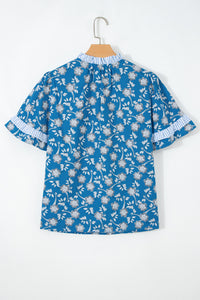 Blue Floral Top with Tie Neck & Puff Sleeves