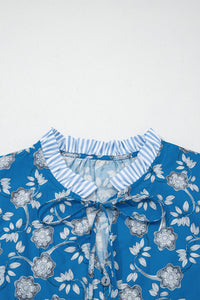 Blue Floral Top with Tie Neck & Puff Sleeves