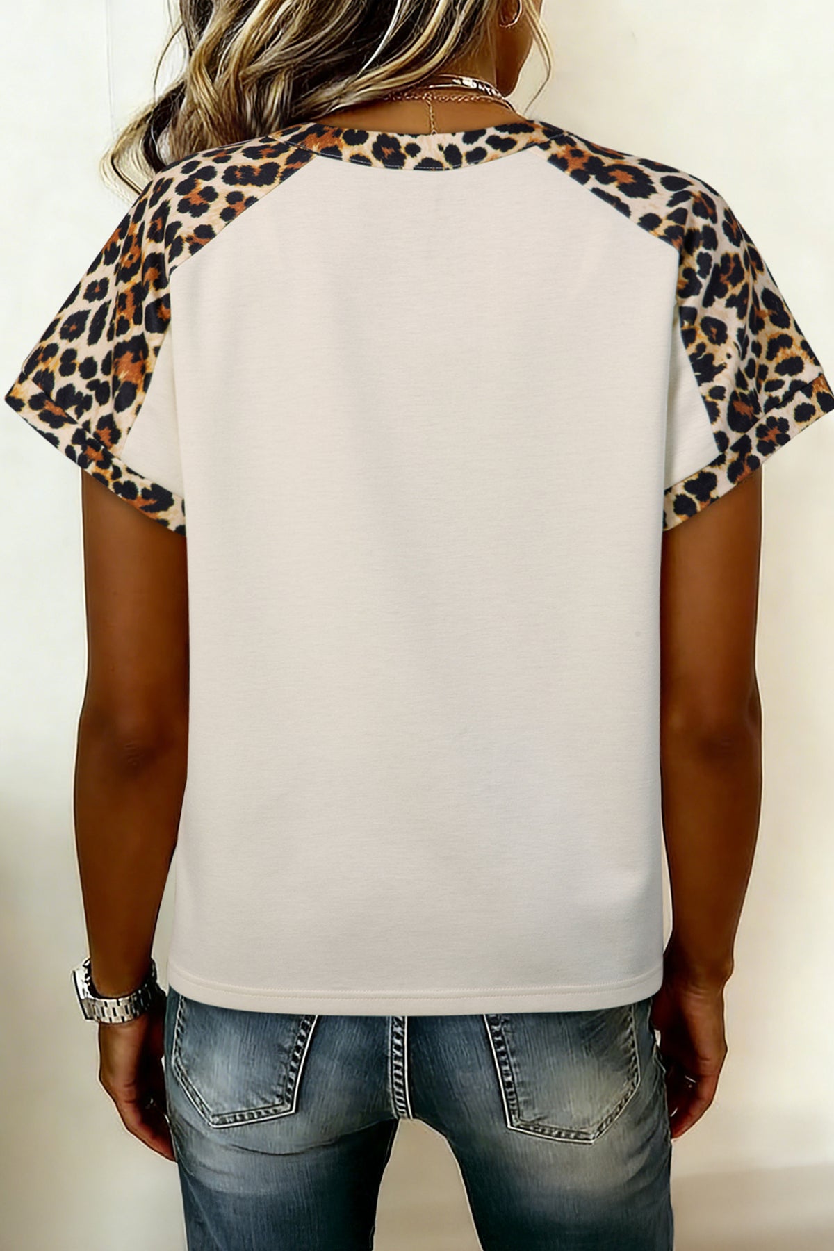 Cream Leopard Patchwork Half Button Short Sleeve Top