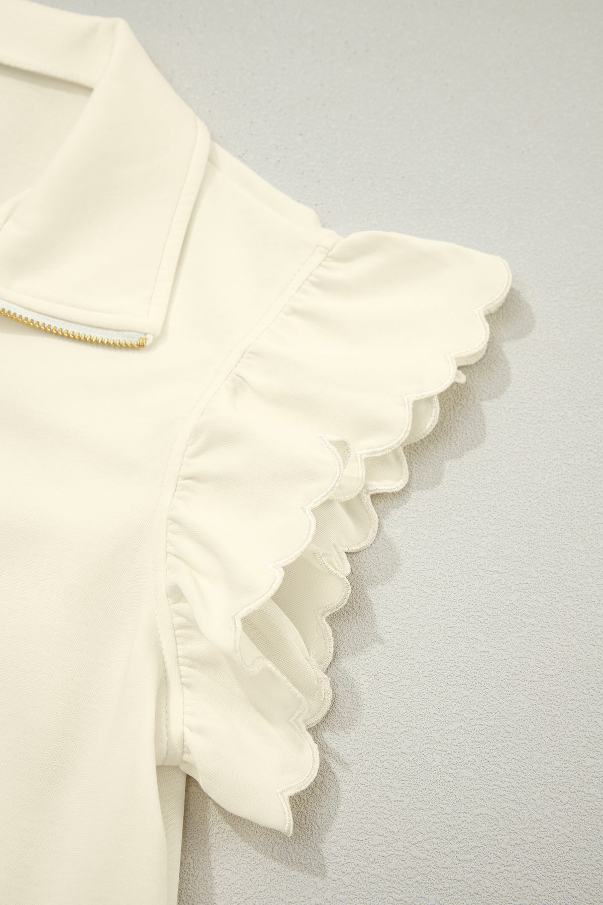 Soft Cream Partial-Zip Top with Ruffled Sleeves