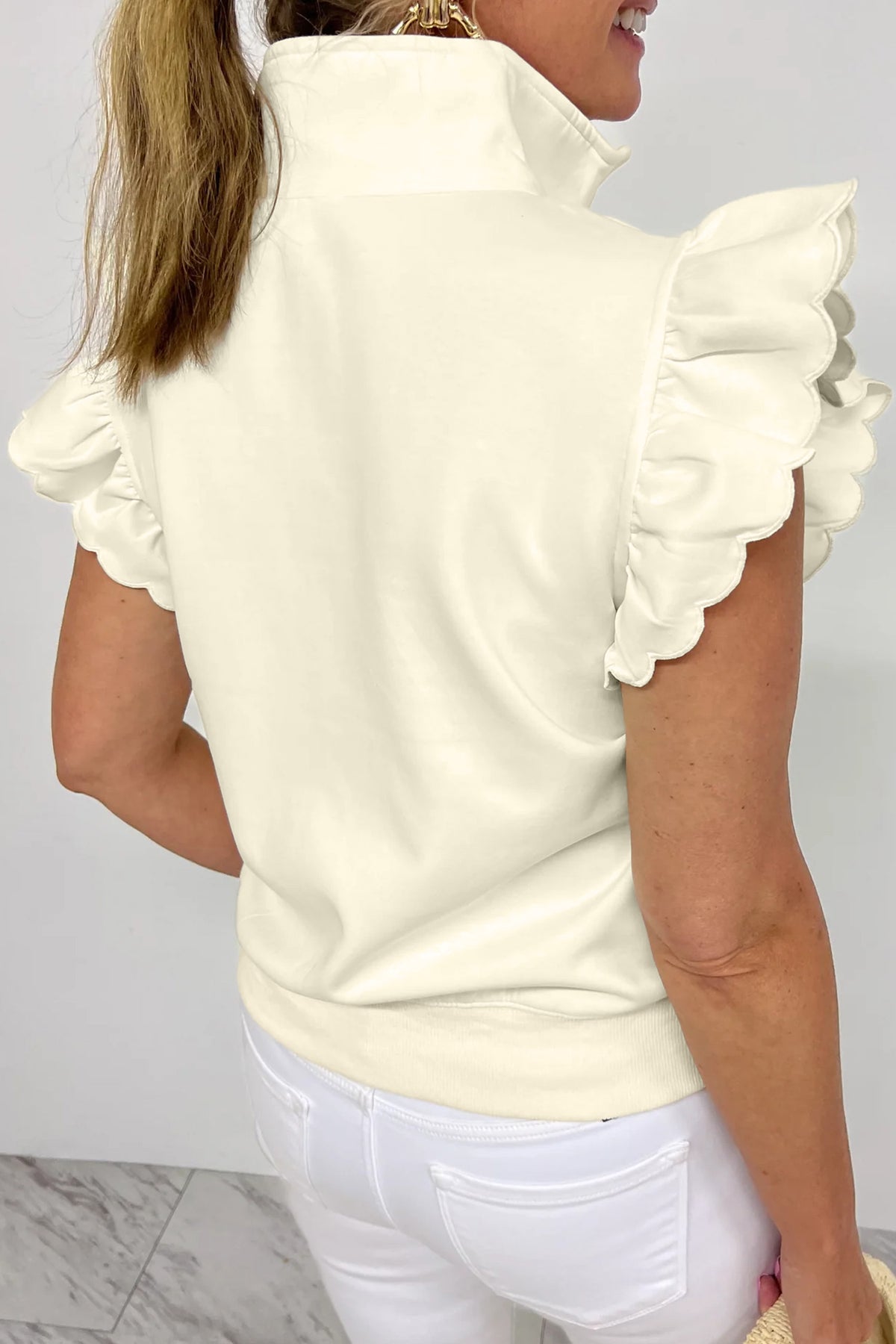 Soft Cream Partial-Zip Top with Ruffled Sleeves