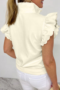Soft Cream Partial-Zip Top with Ruffled Sleeves
