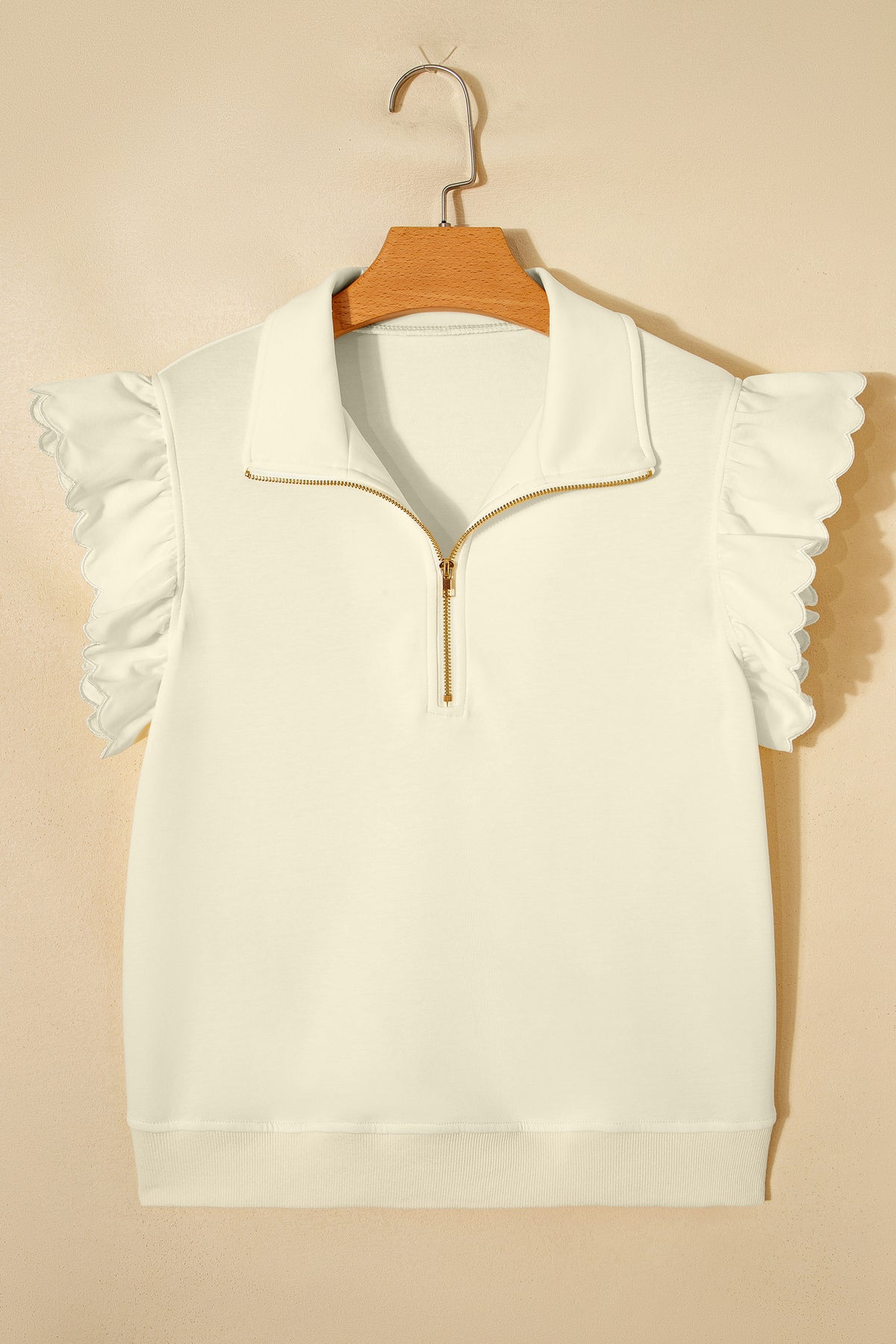 Soft Cream Partial-Zip Top with Ruffled Sleeves