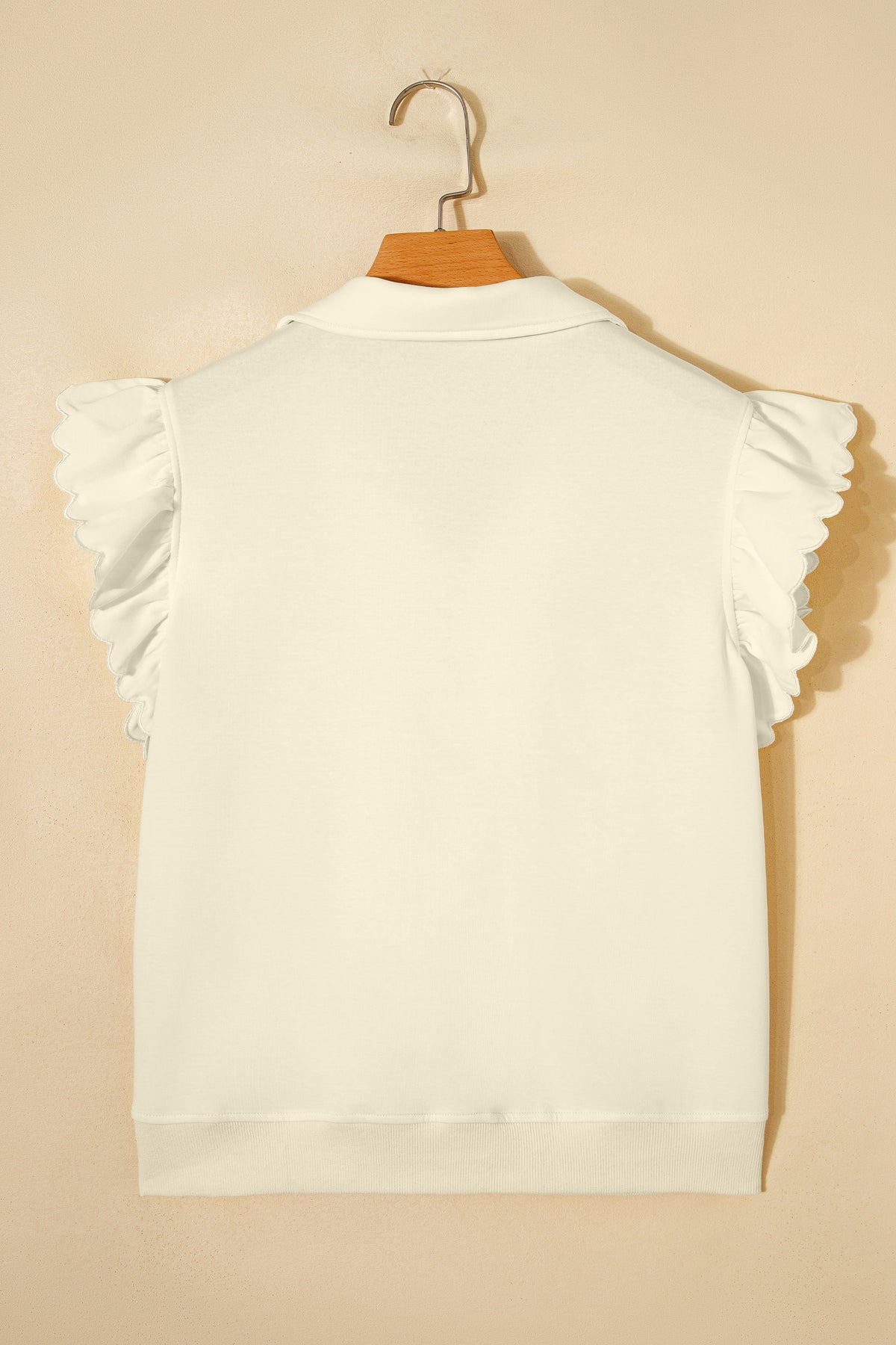 Soft Cream Partial-Zip Top with Ruffled Sleeves