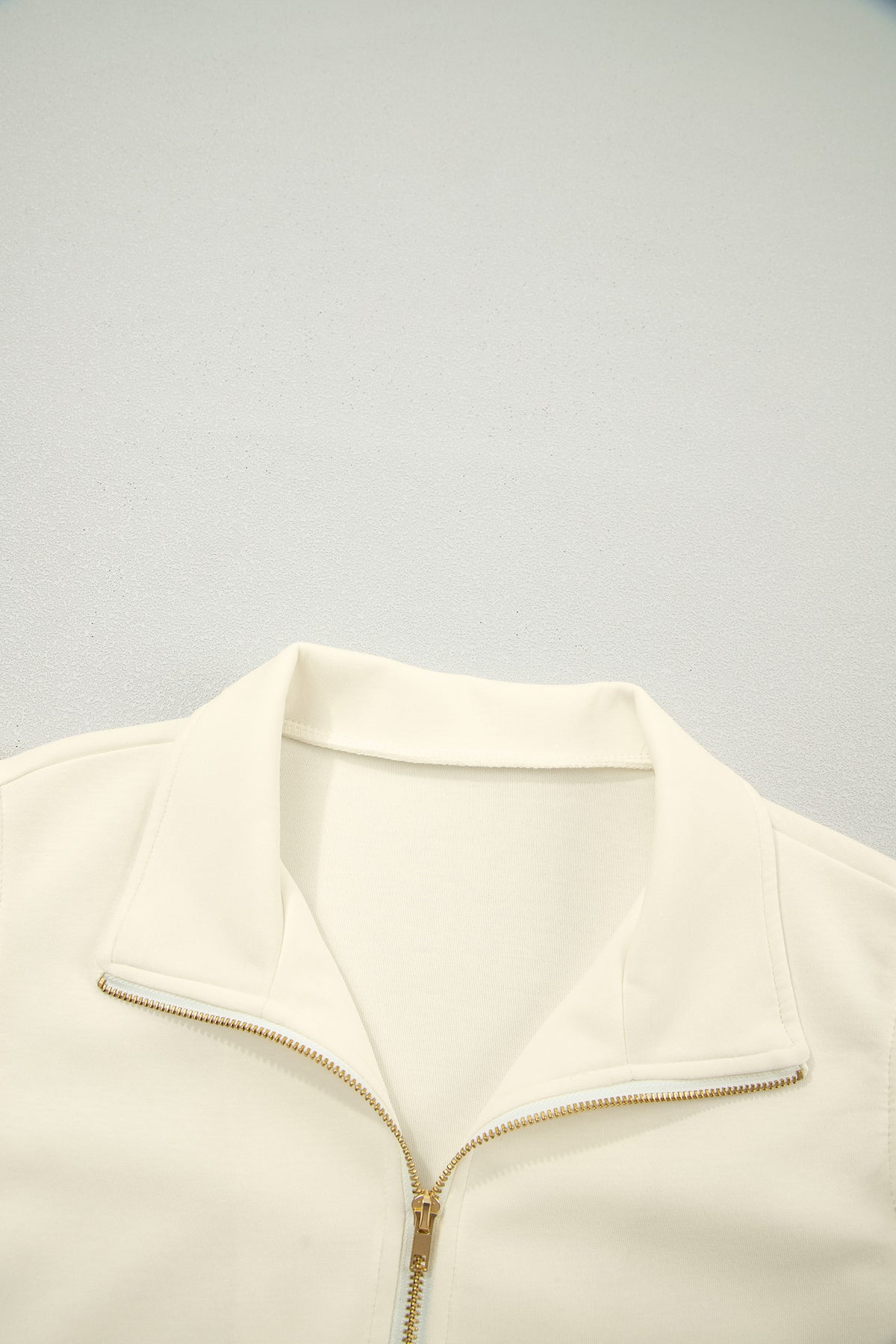 Soft Cream Partial-Zip Top with Ruffled Sleeves